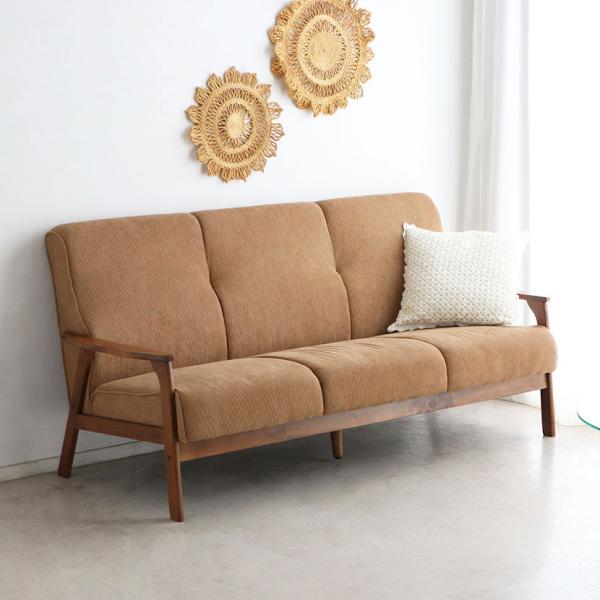 リガラ 3人用ソファ コーデュロイ 布張り 木肘 脚付き 幅1700×奥行740×高さ850mm