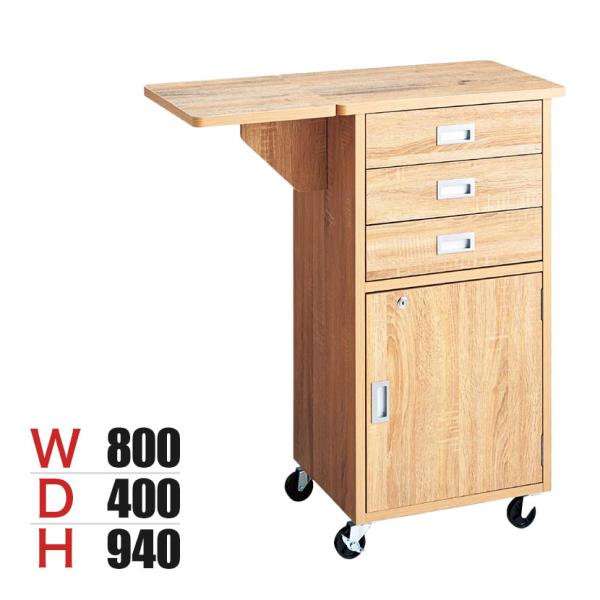 木製作業台 ラスティック柄 片側天板タイプ 収納付き 鍵付き レジ台 カウンター キャスター付き 幅...