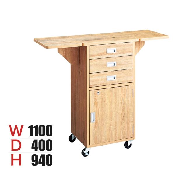 木製作業台 ラスティック柄 両側天板タイプ 収納付き 鍵付き レジ台 カウンター キャスター付き 幅...