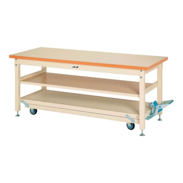 山金工業 重量作業台 ペダル昇降式 移動式 中間棚付き 耐荷重3000kg(固定時) メラミン天板 ...