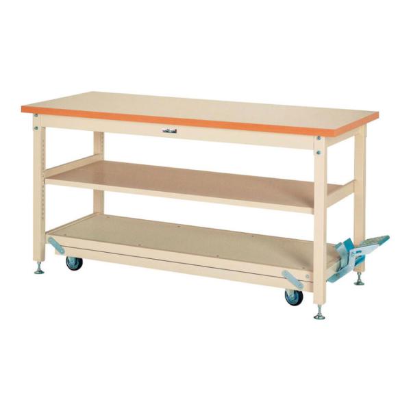 山金工業 重量作業台 ペダル昇降式 移動式 中間棚付き 耐荷重3000kg(固定時) メラミン天板 ...