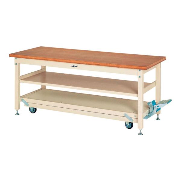 山金工業 重量作業台 ペダル昇降式 移動式 中間棚付き 耐荷重3000kg(固定時) ニス仕上げ積層...