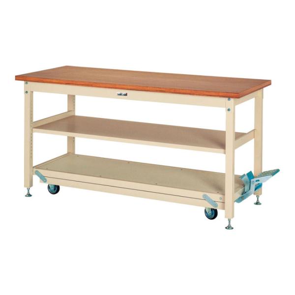 山金工業 重量作業台 ペダル昇降式 移動式 中間棚付き 耐荷重3000kg(固定時) ニス仕上げ積層...