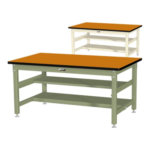 山金工業 中量作業台 中間棚付き 半面棚付き 耐荷重1200kg メラミン天板 ワークテーブル バイ...