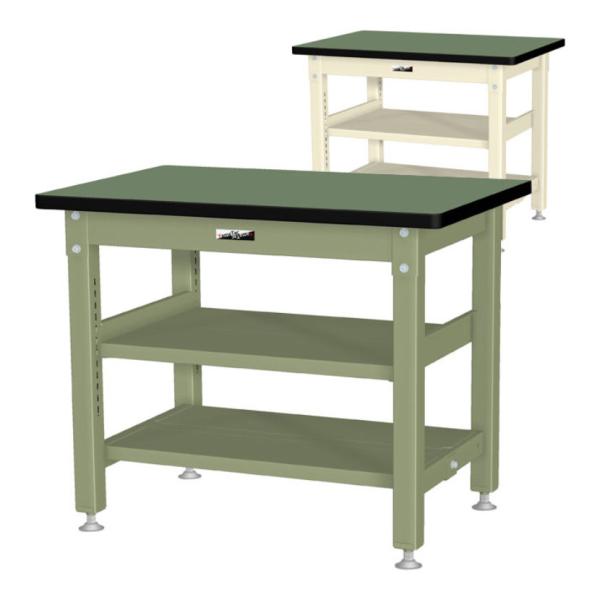 山金工業 中量作業台 中間棚付き 全面棚付き 耐荷重1200kg 塩ビシート天板 ワークテーブル バ...