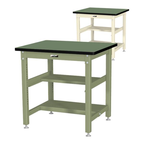 山金工業 中量作業台 中間棚付き 半面棚付き 耐荷重1200kg 塩ビシート天板 ワークテーブル バ...
