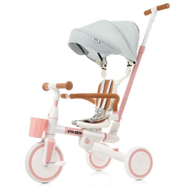 BTM 子供用三輪車 押し棒付 7in1 多機能 座面回転 キッズバイク 座面回転 ピンク