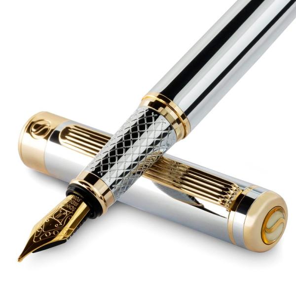 Scriveiner 最高級 プレミアム 万年筆 (シルバークローム) 魅力的な美しさ 24K金仕上...