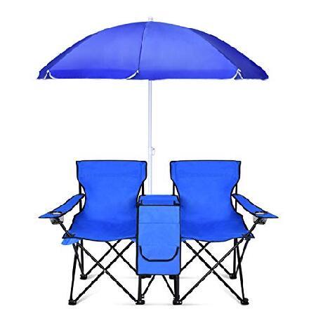 Flexzion ダブル折りたたみピクニックキャンプチェア 傘付き ミニテーブル 飲料クーラーコンパ...