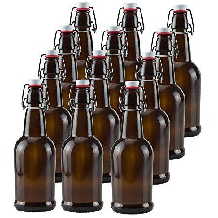 Crutello 16オンス アンバーガラス フリップトップ ビールボトル 醸造用 - ビール、コン...