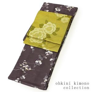 袷着物 セット 現品限り 袷着物+国産八寸名古屋帯 2点セット (着物：灰紫に葡萄唐草/帯：金茶椿) Ｍサイズ