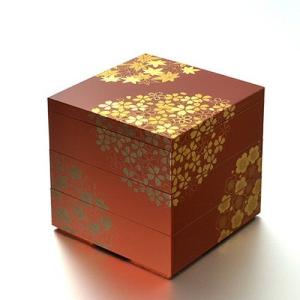 お重 重箱 おしゃれ 北市漆器 花丸春秋5.0三段重(古代朱)（A） 15cm　｜oi-con