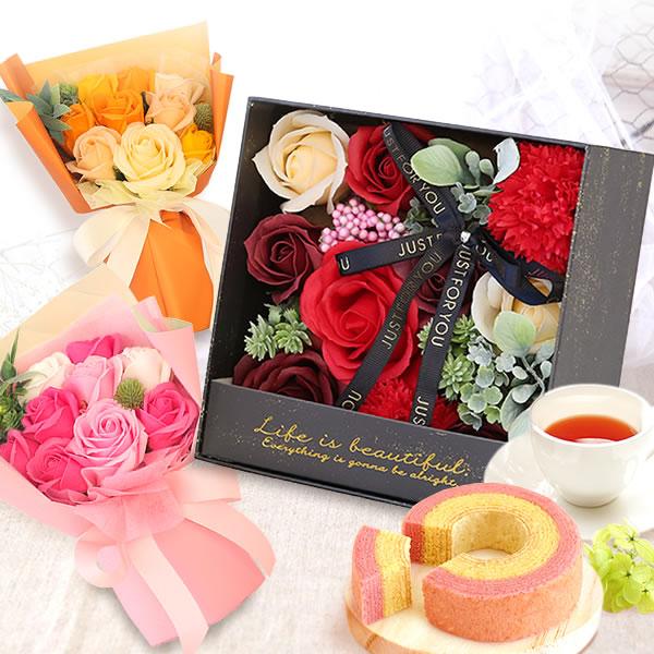 誕生日 プレゼント 花 ギフト  花とスイーツ スイーツ セット ソープフラワー シャボンフラワー ...