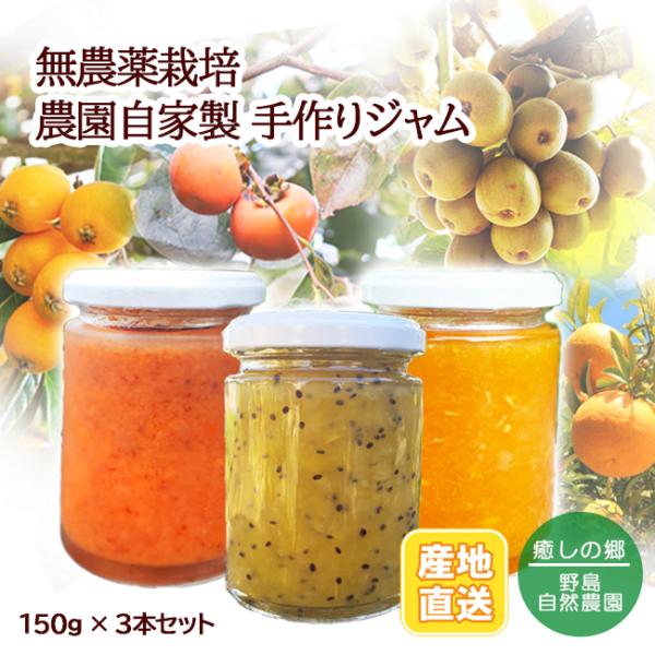 手作りジャム3本セット キウイ びわ 柿 夏みかん 無農薬 化学肥料不使用 自然栽培 野島自然農園