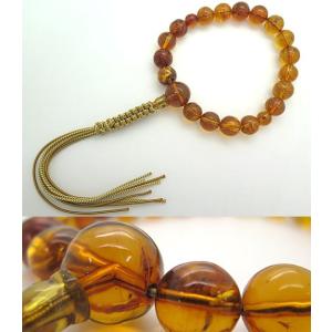 数珠　男性用　天然虫入琥珀　１８玉　共仕立て　紐房　鑑別書付　アンバー　限定品４０．８ｇ