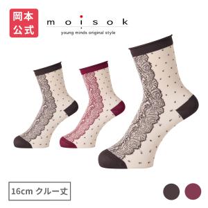 【靴下の岡本公式】moisok レディース 16cmクルー丈 履き口くるん やや透けレースドット柄