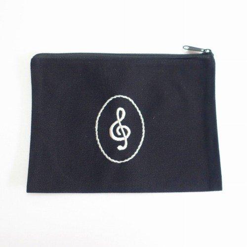 12オンス・厚生地フラットコットンポーチ（S）黒　ト音記号シルバー ピアノ 発表会 記念品 プレゼン...