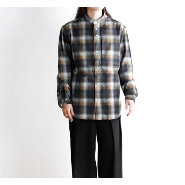 nisica ニシカ NIS-1365 バンドカラーシャツ チェックブルーブラウン 長袖