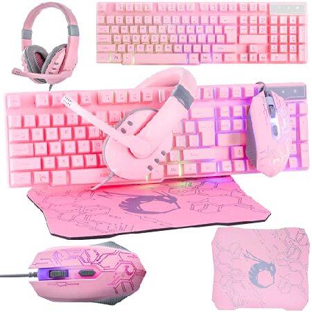 ピンク ゲーミングキーボードとマウス ヘッドセット ヘッドフォンとマウスパッド 有線 LED RGB...