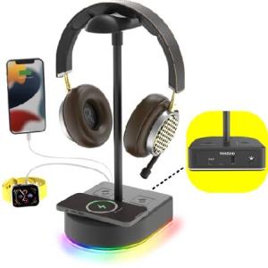 RGB Headphone Stand with Wireless Charger Desk Gaming Headset Holder Hanger Rack with 15W/10W/7.5W QI Charging and USB Port Suitable for G(並行輸入品)｜olg