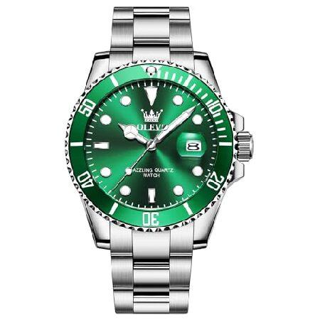 【並行輸入品】 OLEVS Green Watch for Men Silver Stainless...