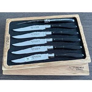 Laguiole en Aubrac Luxury Stainless Steel Fully Forged Steak Knives 6-Piece Set with Ebony Wood Handles, Stainless Steel Polished Bolsters｜olg