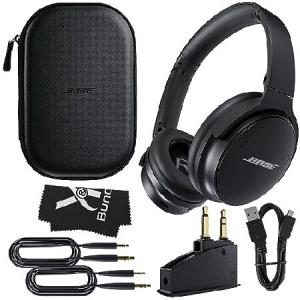 Bose QuietComfort 45 Headphones (Black) Bundle with QC15 Airplane Jack Adapter, Audio Cable, Cloth - Bluetooth Wireless Noise Canceling Headphones, Ov