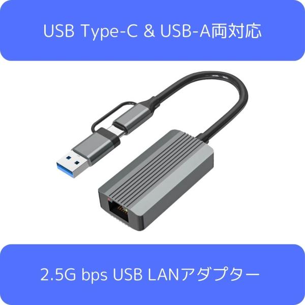 2.5G 有線LANアダプター USB Type-C &amp; USB-A両対応 2.5Gbps RJ45...