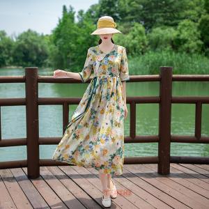 レディース 綿麻 花柄 ミモレ丈 ワンピース ...の詳細画像2