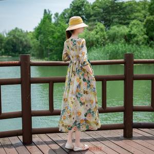 レディース 綿麻 花柄 ミモレ丈 ワンピース ...の詳細画像3