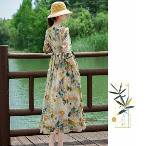 レディース 綿麻 花柄 ミモレ丈 ワンピース ...の詳細画像4