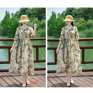 レディース 綿麻 花柄 ミモレ丈 ワンピース ...の詳細画像5