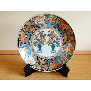 飾り皿 有田焼 色絵つゆ草 尺2寸 37cm 皿立て スタンド付 木箱入り