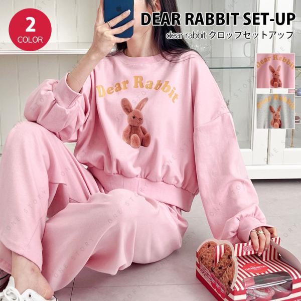 DEAR RABBIT 上下セットアップ 2点セット ルームウェア クロップ丈 長袖 韓国 スウェッ...