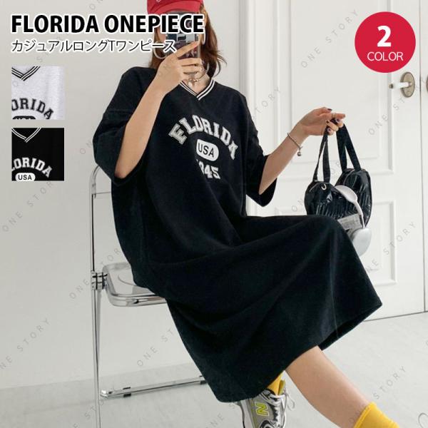 Floridaレタリング ロングワンピース ワンピ レディース 半袖 Vネック ゆったり ワンマイル...