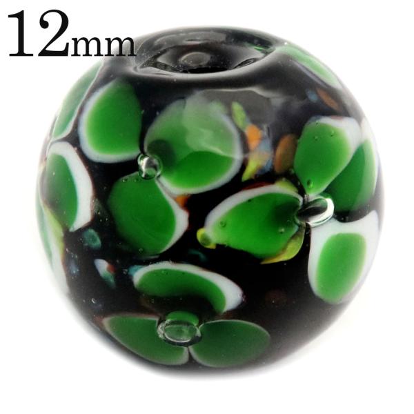 とんぼ玉 粒売り 1粒 12mm ビーズ 花柄 ラウンド バラ売り ガラスビーズ 蜻蛉玉 緑色 グリ...
