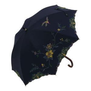 日傘 ショート日傘 完全遮光 遮熱 UVカット フェザー 羽 刺繍 かわず張り 涼しい 晴雨兼用傘 特殊2重張り (花鳥・ネイビー)｜one-stop