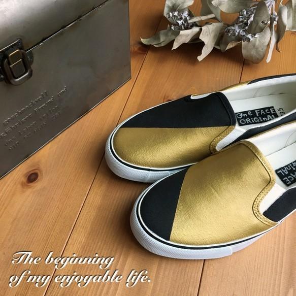 スニーカー「 anti (G)」アンティークゴールド×ブラック！パイカラー！ハンドドローイング！ユニ...