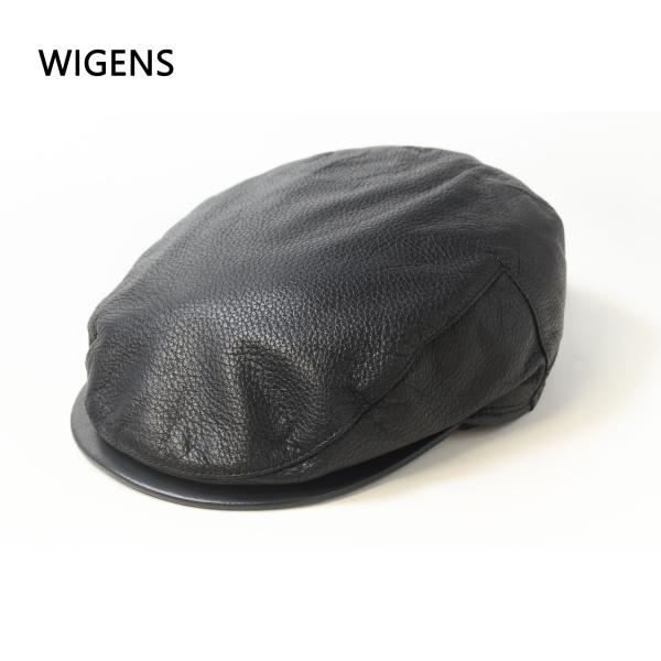 WIGENS　メンズ　帽子　ハンチング　革　耳当て　ブラック