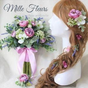 ウェディングブーケ ラプンツェル風髪飾り ブートニア ガーベラ