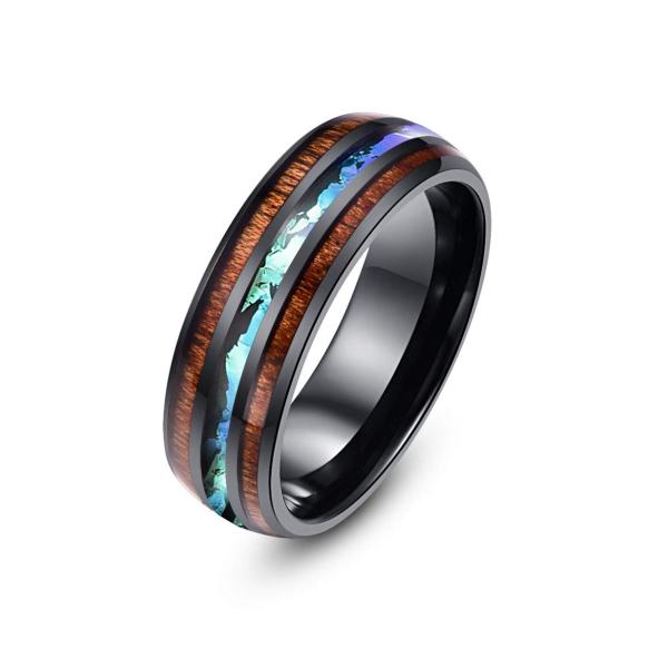 【並行輸入品】8mm ハワイアン コアウッド アワビ貝 ステンレススチールリング 結婚指輪 メンズ ...