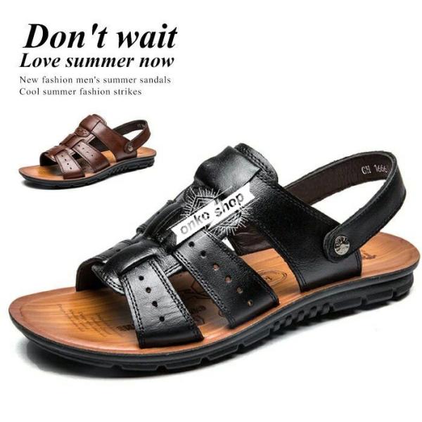 サンダル ストラップサンダル ビーチサンダル メンズ レザー 2way かかと クッション性 吸汗防...