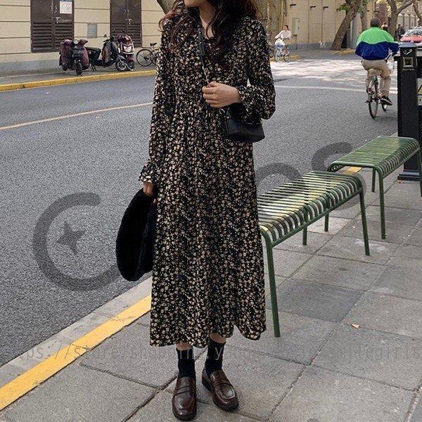 ワンピース レディース きれいめ ミモレ丈 おしゃれ 花柄 美シルエット 40代 50代 春 秋 冬
