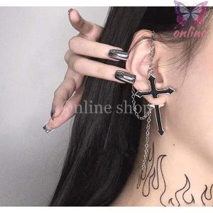 片耳用 十字架ピアス クロス 十字架 ピアス チェーン ブラック パンク