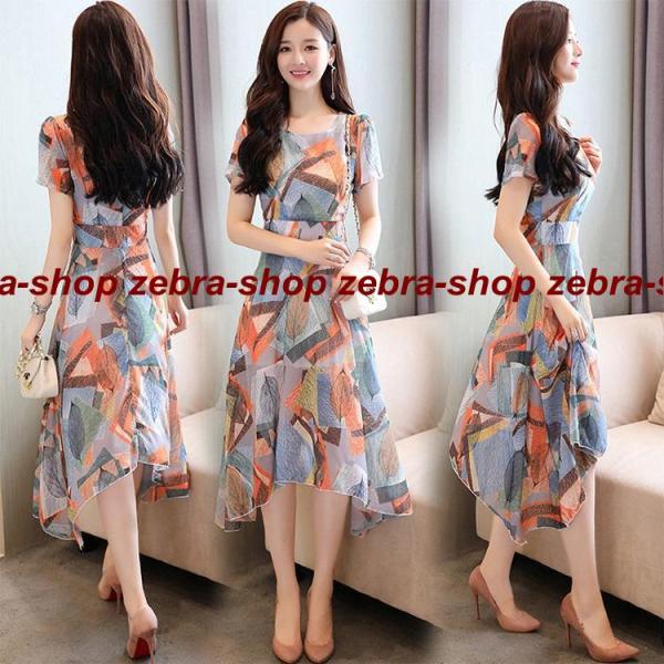 ワンピース レディース 夏 半袖 40代 30代 プリント 不規則 膝丈ワンピース きれいめ 韓国風...