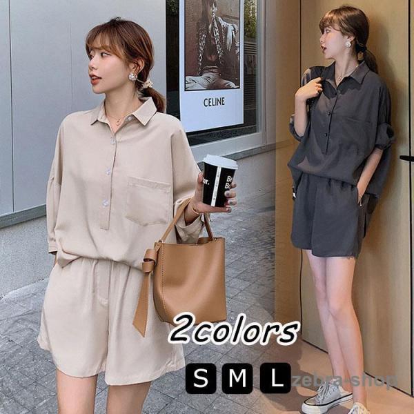 セットアップ レディース 春 夏 カジュアル セットアップ 半袖 ブラウス パンツスーツ 上下セット...