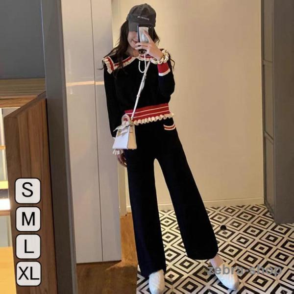 セットアップ レディース 40代 春 新作 長袖 セーター ワイドパンツ フリル トップス  結婚式...