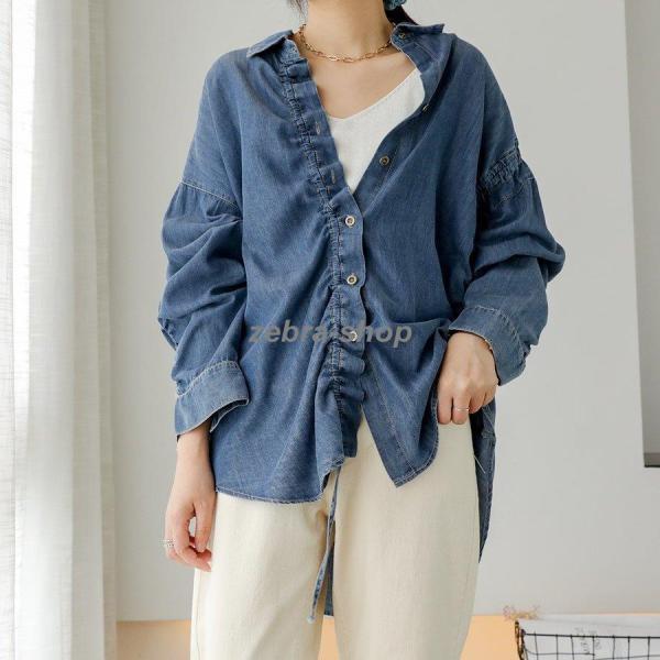 デニムシャツ レディース ブラウス 長袖 チュニック トップス ロングシャツ 春 秋 カジュアル お...