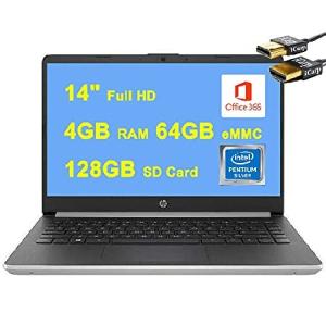 HP 14 Laptop Computer 14" FHD IPS Display Intel Pentium Silver Quad-Core N5000 4GB DDR4 64GB eMMC + 128G SD Card USB-C HDMI BT 5.0 Office 365 Win10 +