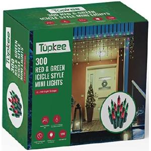 Tupkee Christmas Icicle Lights - 300 Red ＆ Green Incandescent Bulbs, Icicle Style Mini Lights - 17 Feet, Indoor ＆ Outdoor Christmas Decorations